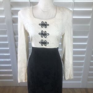 Vtg 80s Plaza South Black Ivory Sheath Dress 12 Pearl Lace Victorian Romantic
